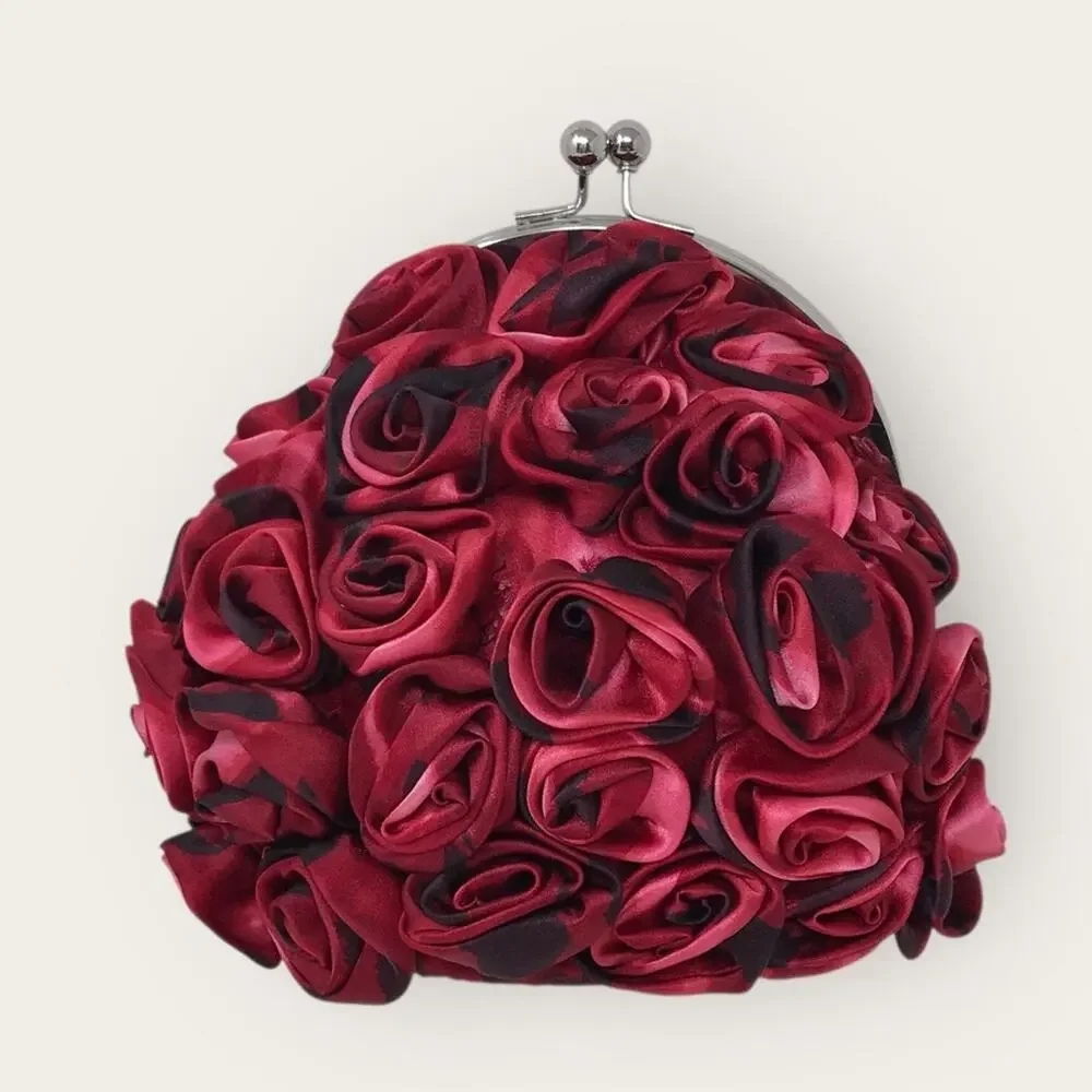 WHBM Rose Embellished Clutch Purse Small Pink & Red Floral Satin Handbag - Picture 2 of 9